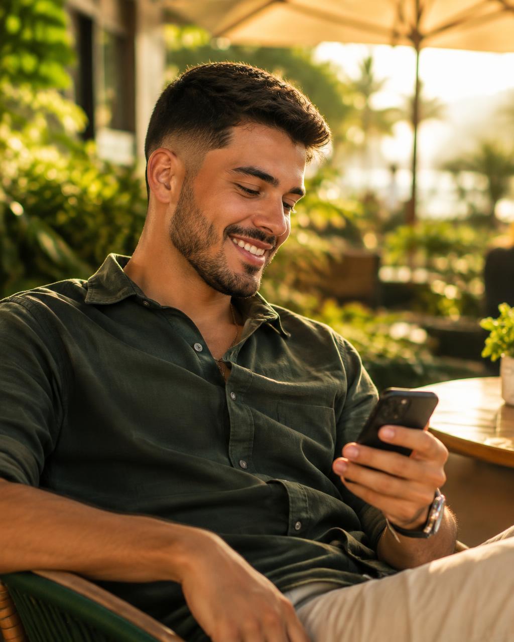 Cliente relaxado olhando o celular num café