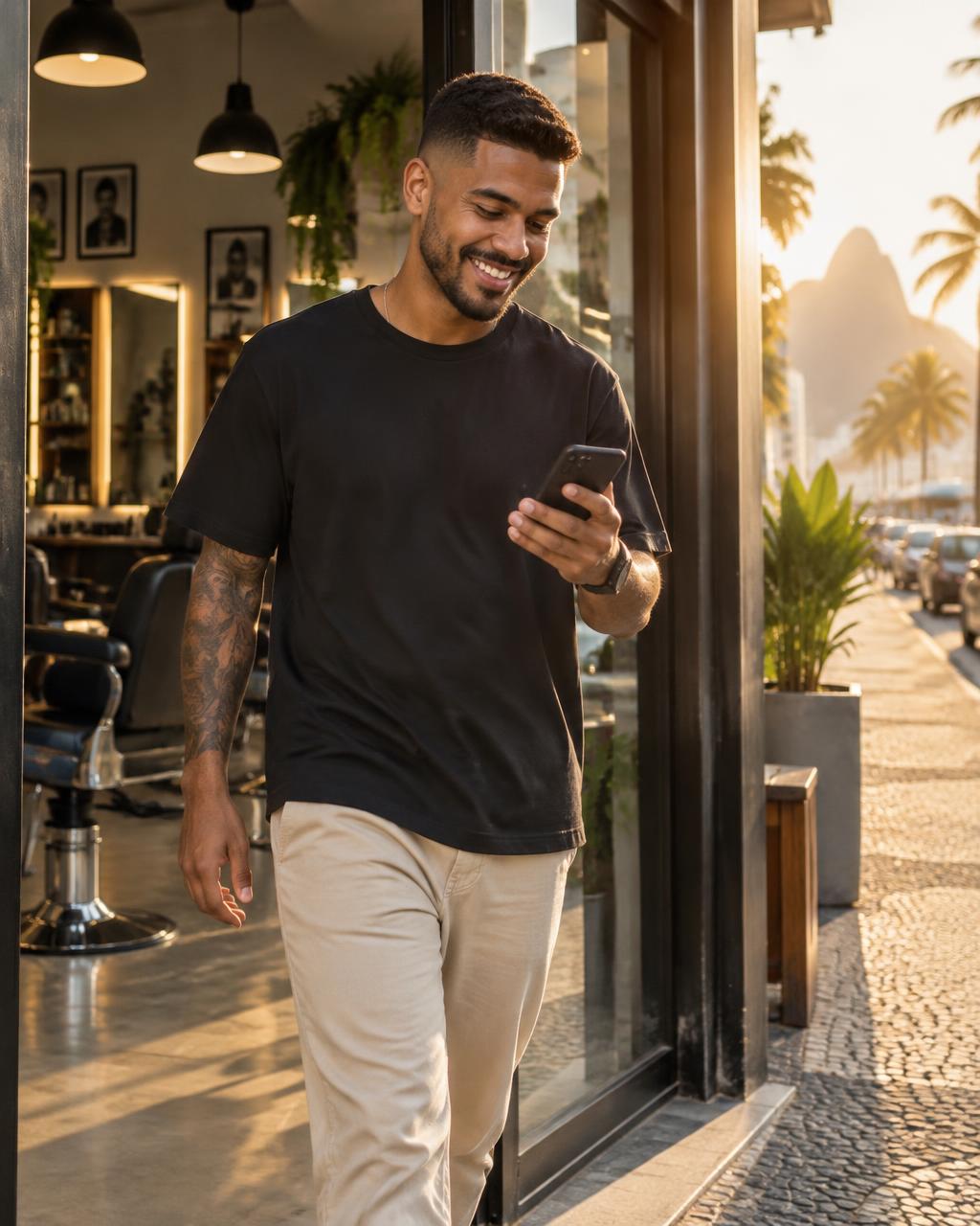 Cliente sorrindo e olhando o celular ao sair de uma barbearia